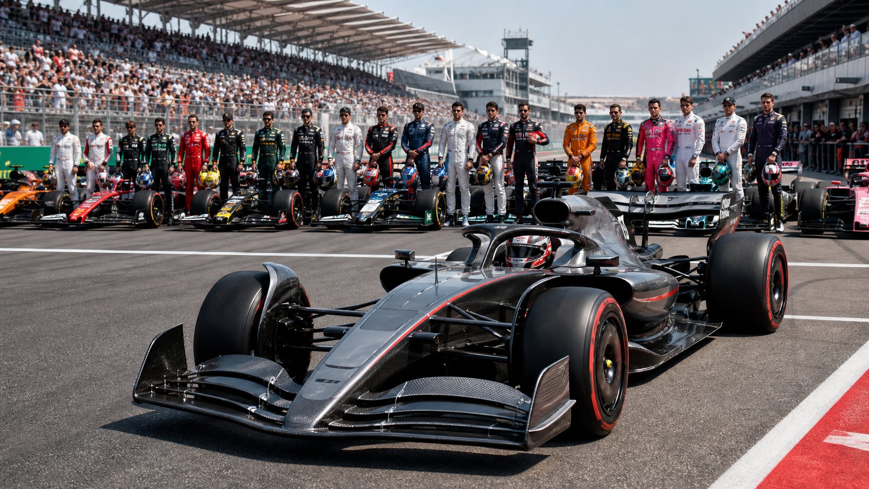 Sejumlah pembalap Formula 1 berdiri di samping mobil balap mereka di lintasan dengan tribun penonton di latar belakang.