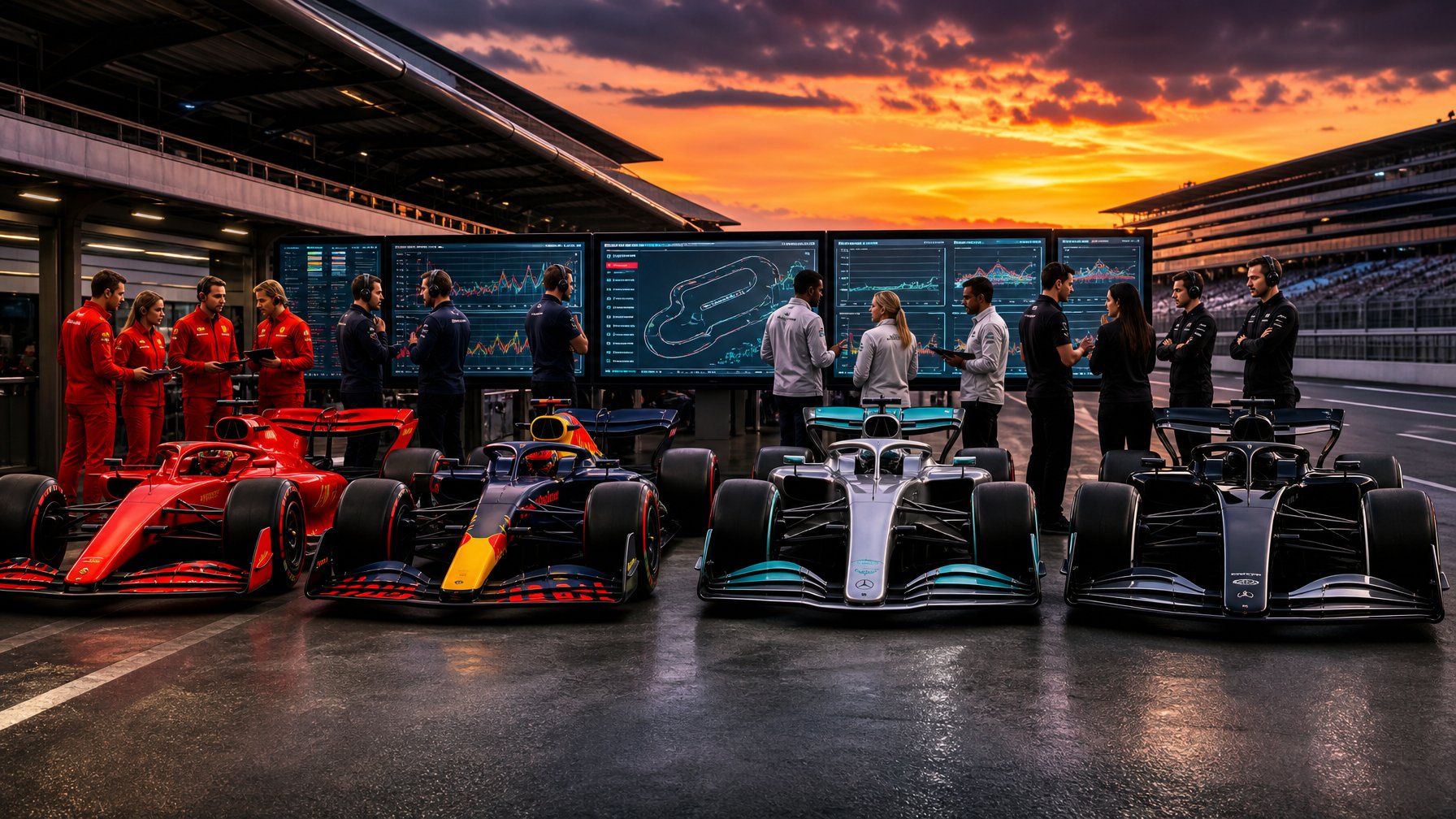 Empat mobil Formula 1 mewah berjejer di lintasan balap dengan insinyur dan tim teknis yang sedang berdiskusi dan menganalisis data di latar belakang.