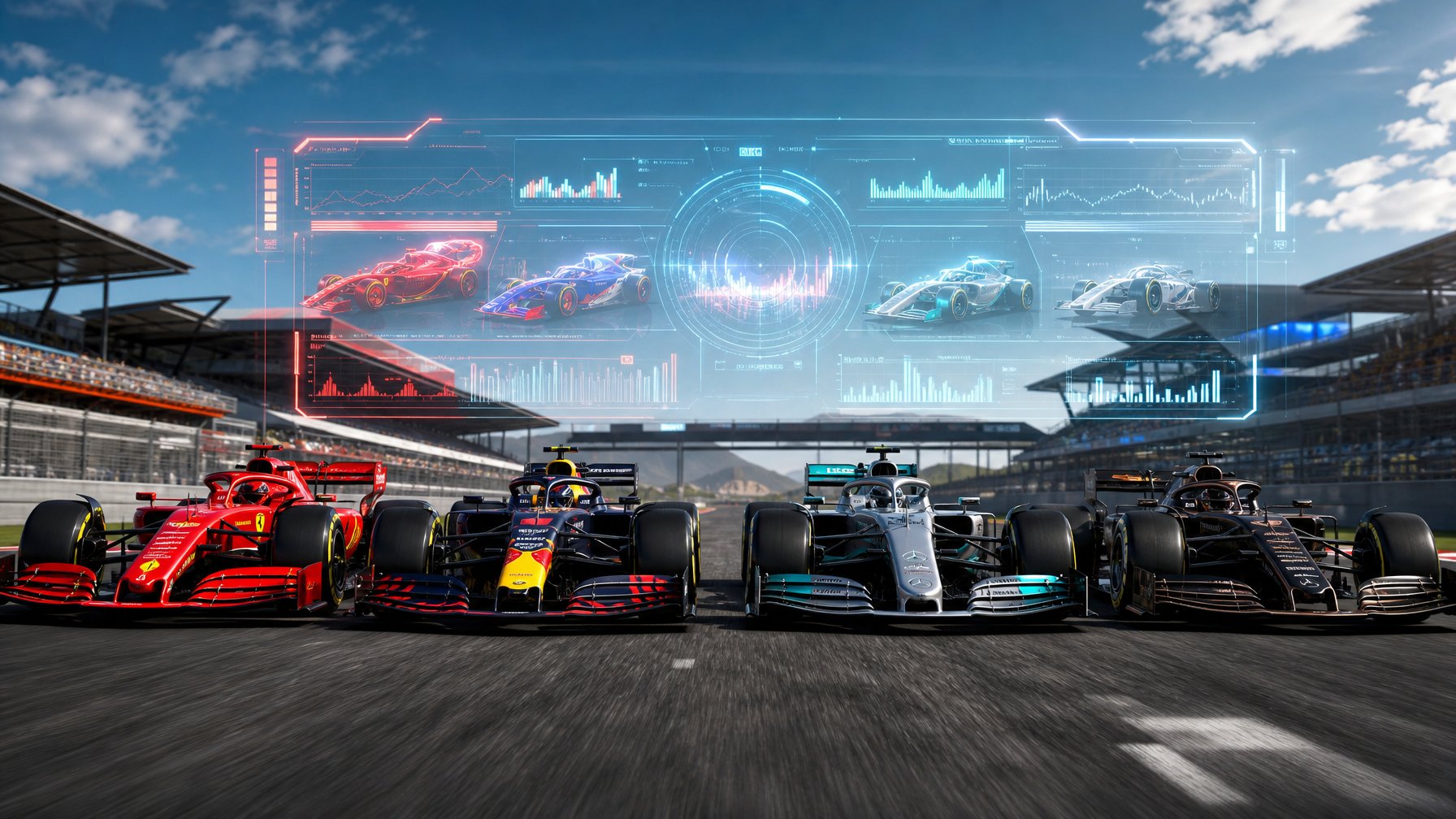 Empat mobil balap Formula 1 dari tim Ferrari, Red Bull, Mercedes, dan Cadillac berdiri berdampingan di lintasan balap dengan latar belakang papan skor digital.