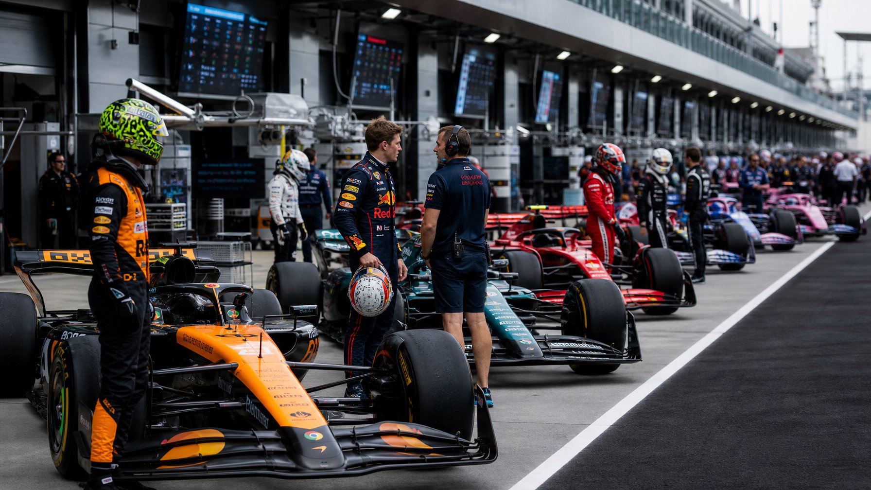 Beberapa mobil Formula 1 dan pembalap berdiri di pitlane dengan insinyur waktu di latar belakang.