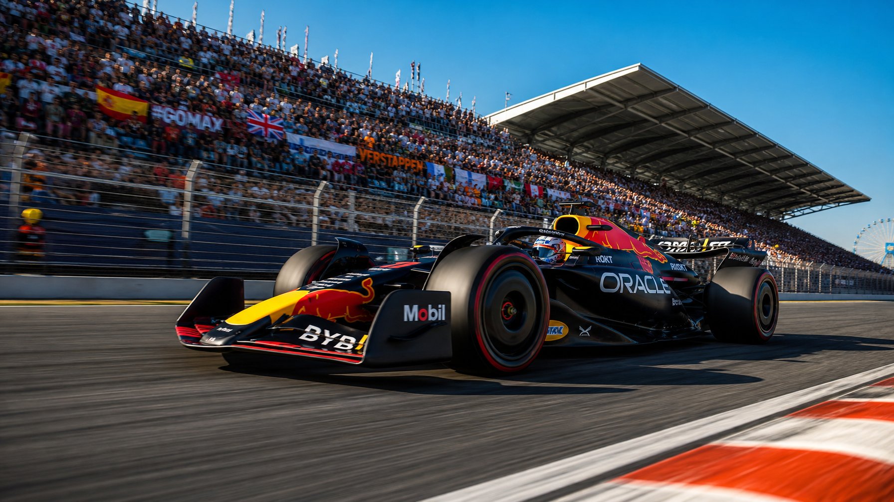 Mobil Formula 1 berwarna cerah melaju cepat di lintasan balap dengan penonton di tribun dan langit cerah di latar belakang.