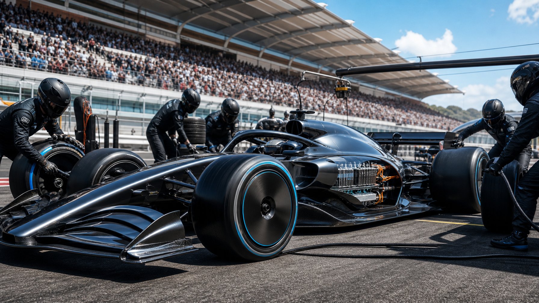 Mobil Formula 1 futuristik sedang melaju di lintasan balap dengan kru pit yang sibuk melakukan persiapan di latar belakang.