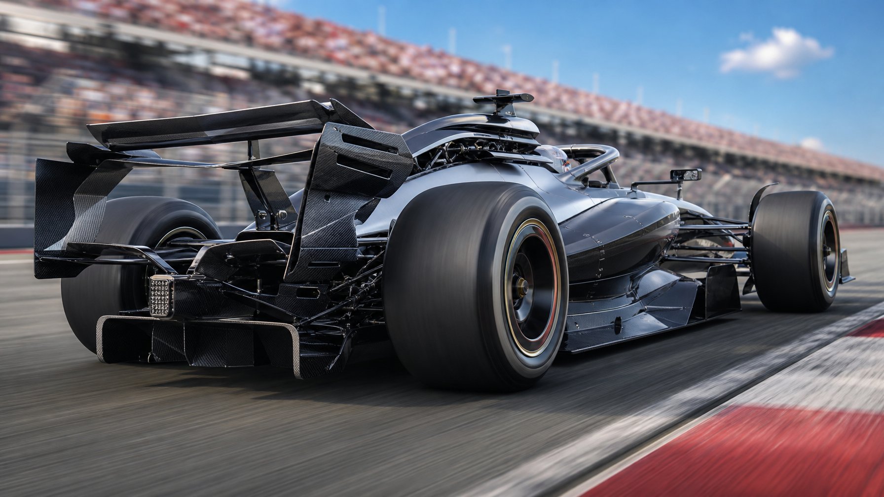 Mobil Formula 1 futuristik sedang melaju di lintasan balap dengan elemen aerodinamika aktif yang terlihat bergerak.