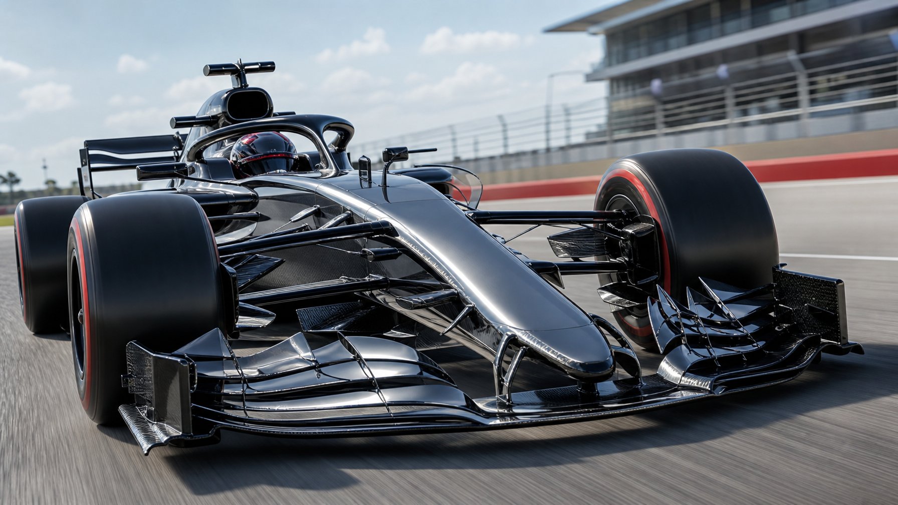 Mobil Formula 1 futuristik dalam lintasan balap dengan elemen aerodinamika aktif yang bergerak.