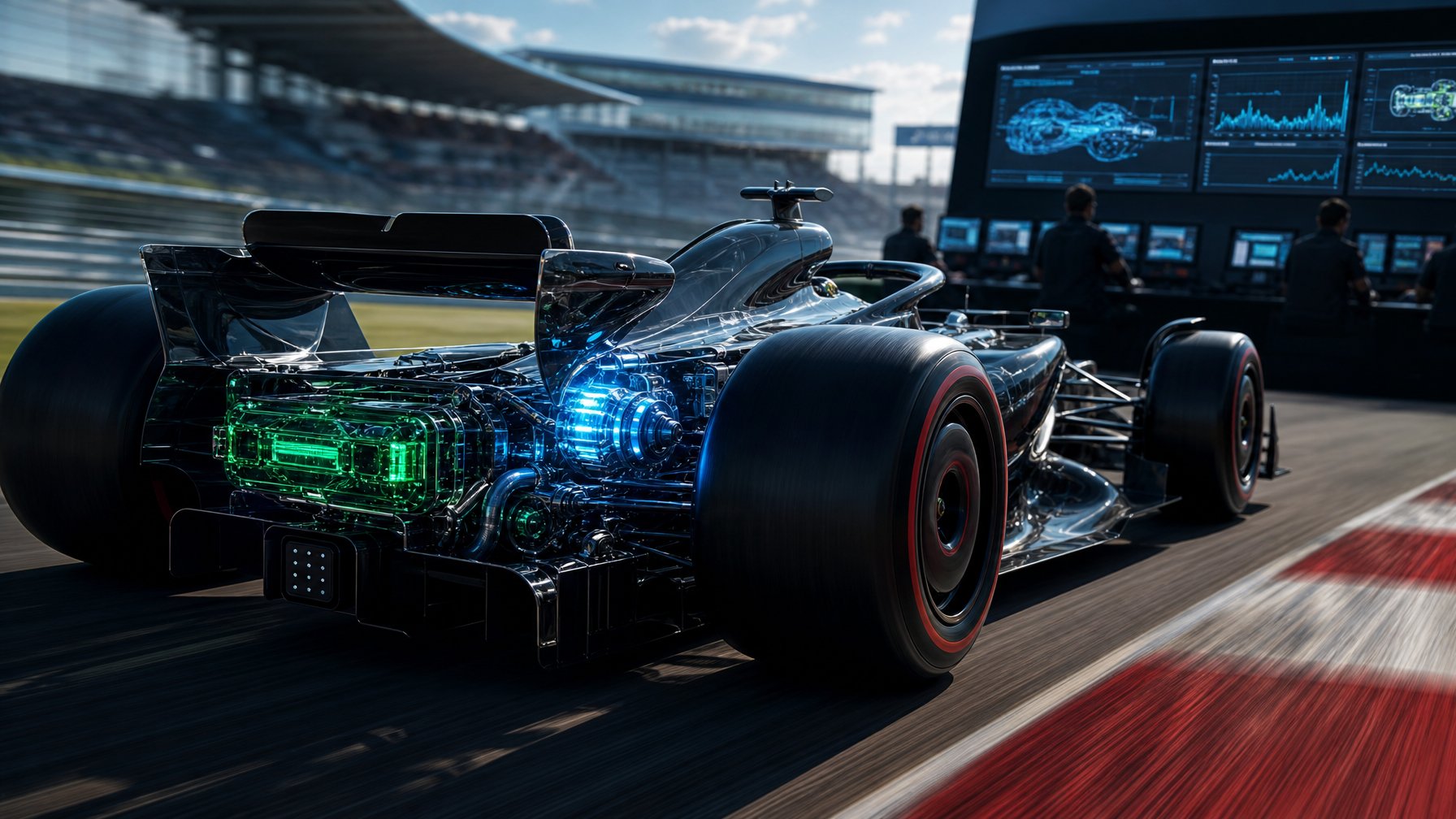 Mobil balap Formula 1 futuristik sedang melaju cepat di lintasan dengan latar belakang insinyur yang sedang menganalisis data.
