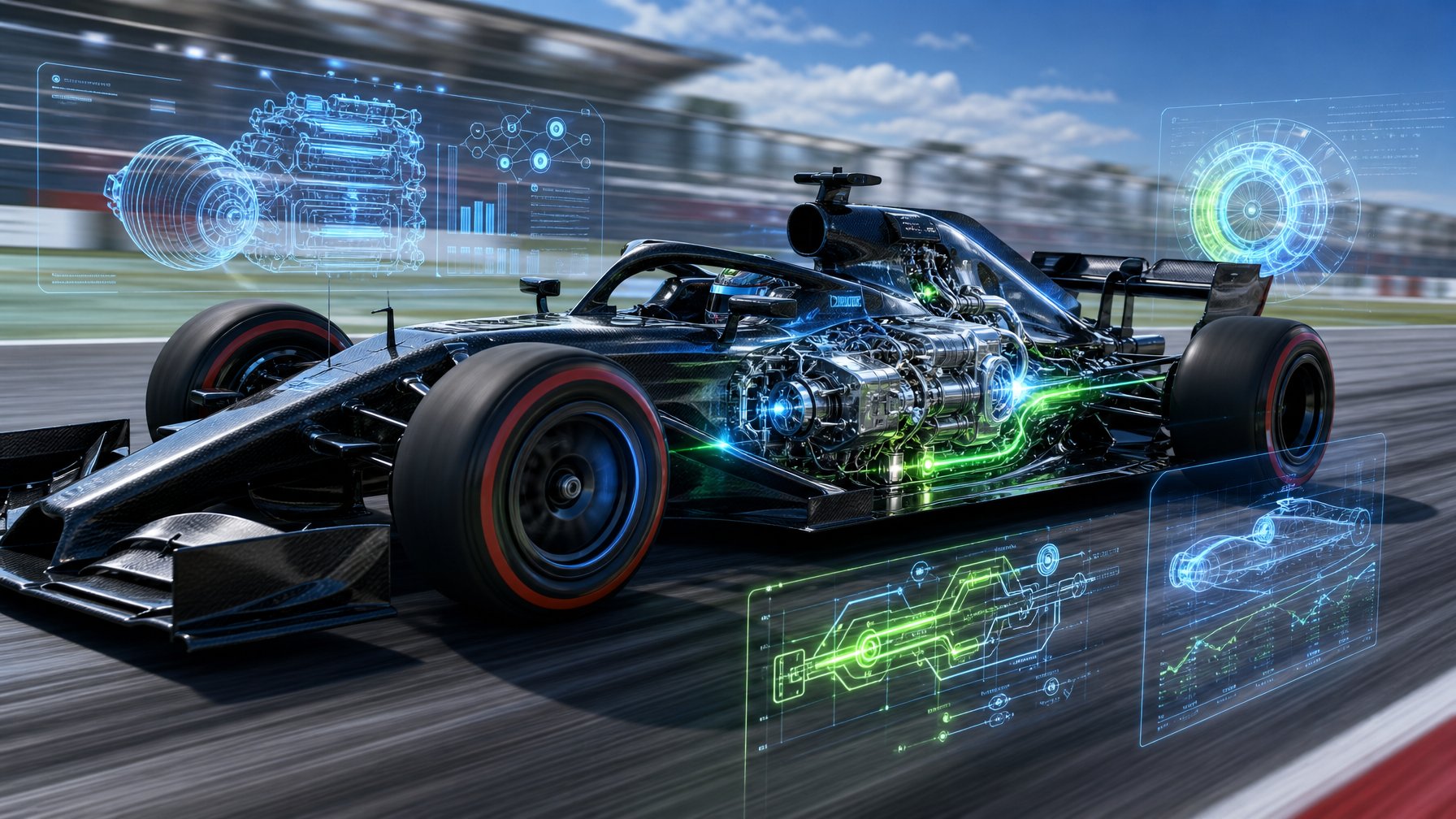 Mobil balap Formula 1 futuristik sedang melaju cepat di lintasan dengan bagian mesin hybrid yang terlihat dan efek visual teknologi di sekitarnya.