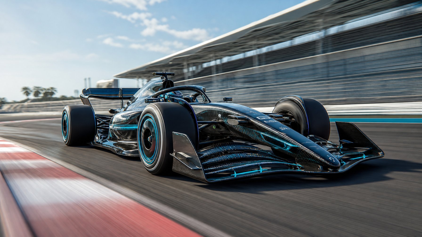 Mobil balap Formula 1 futuristik berwarna cerah sedang melaju cepat di lintasan balap modern dengan latar langit cerah.