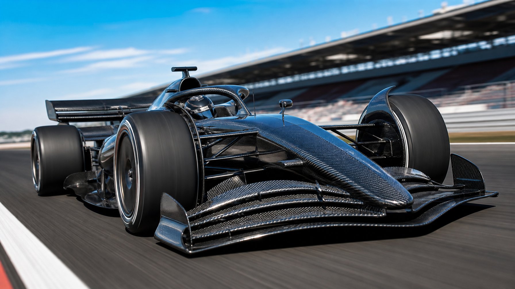 Mobil Formula 1 futuristik berwarna cerah di lintasan balap dengan latar belakang tribun penonton dan langit biru.