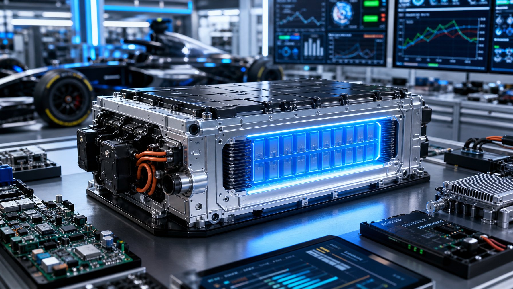 Sebuah baterai listrik futuristik untuk mobil balap F1 dengan lingkungan laboratorium teknologi tinggi dan peralatan balap di latar belakang.