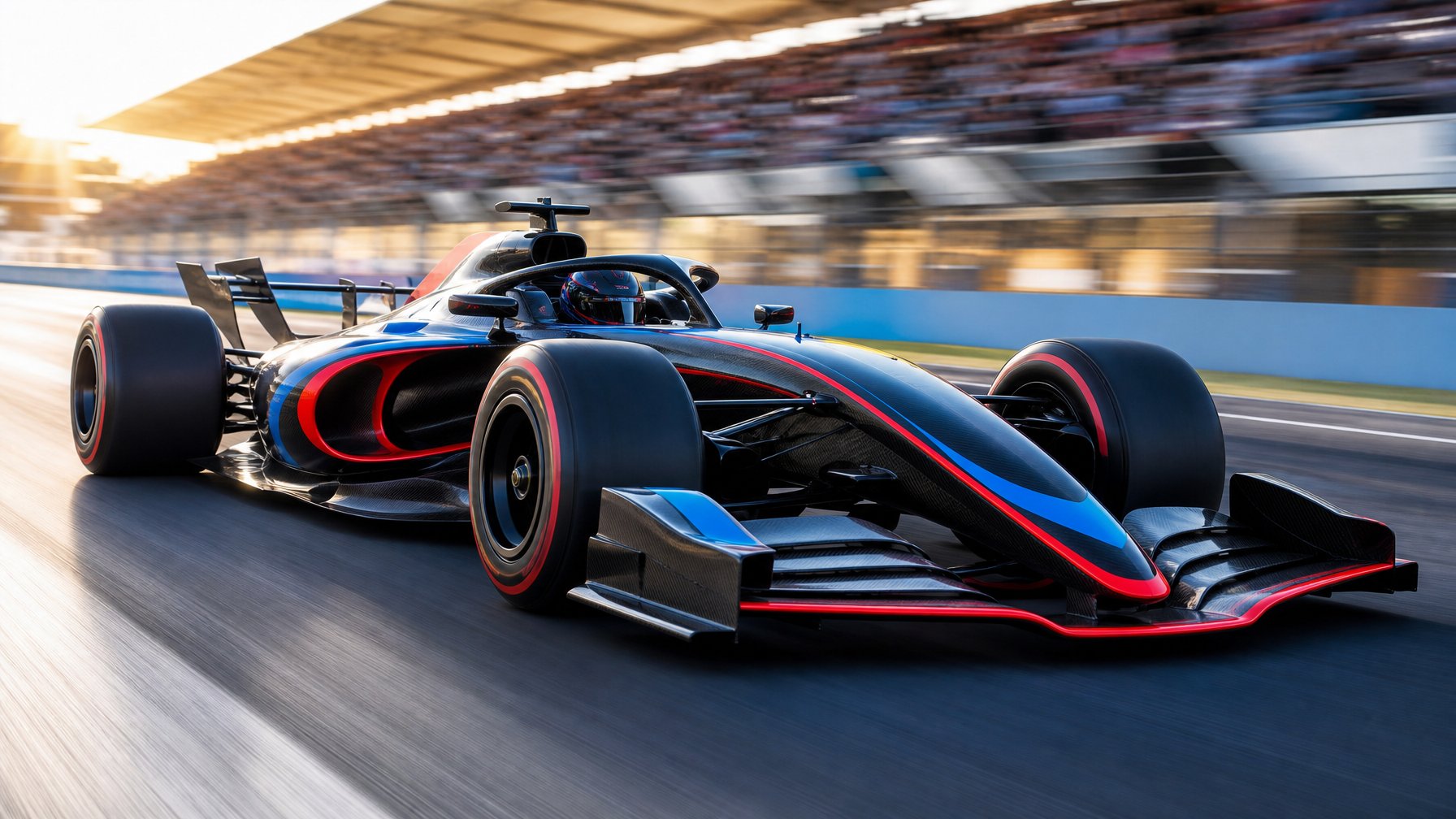 Mobil balap Formula 1 modern melaju cepat di lintasan balap tanpa sistem DRS, dengan latar belakang tribun penonton yang kabur.