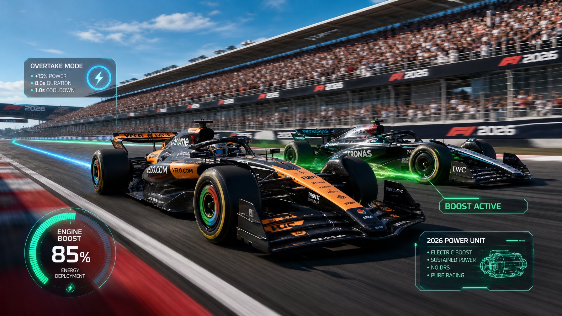 Mobil Formula 1 futuristik sedang balapan cepat di lintasan dengan latar penonton dan langit cerah.