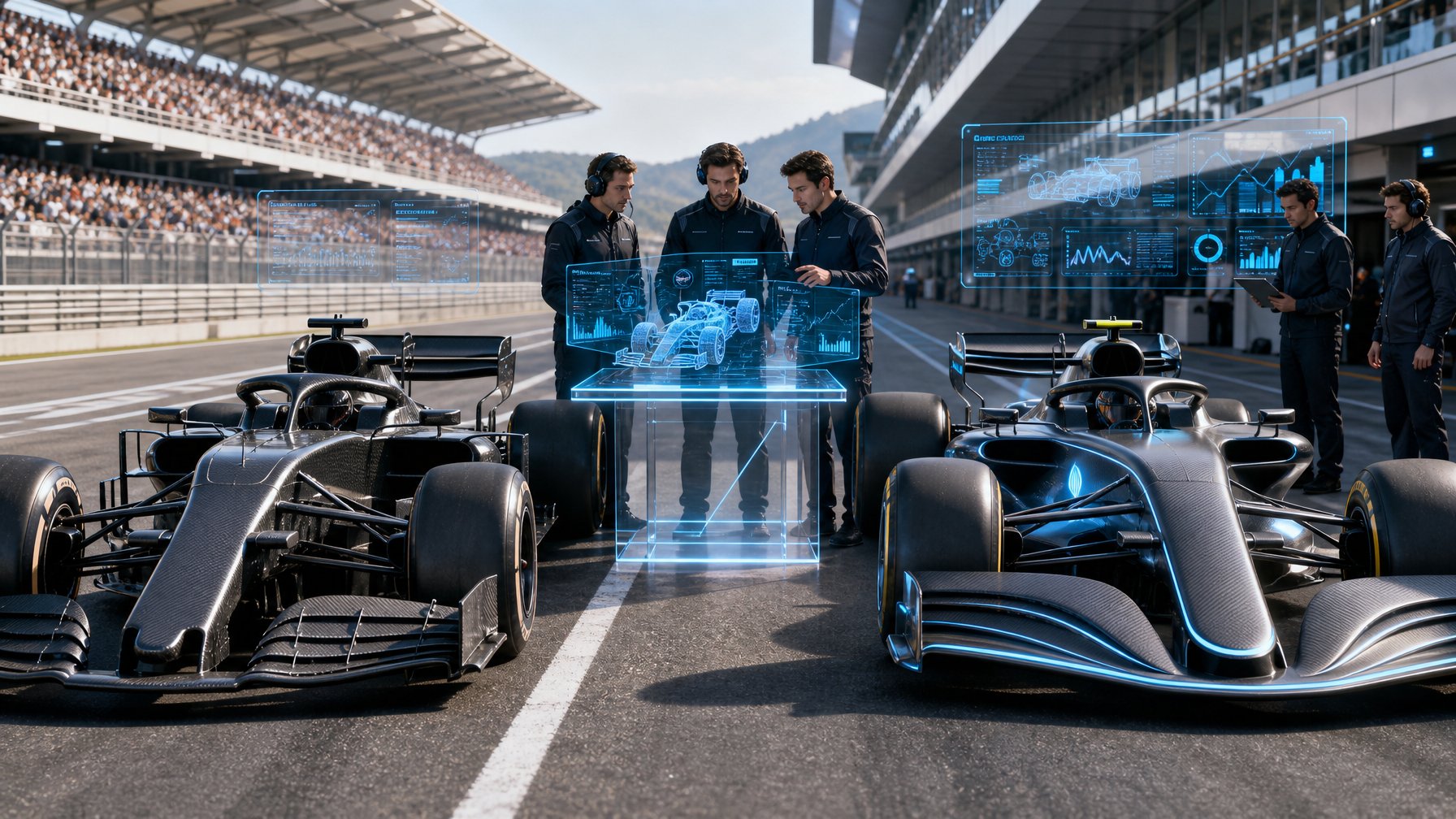 Dua mobil balap F1 futuristik berdampingan dalam balap balap dengan insinyur yang menganalisis data teknologi di antara mereka.