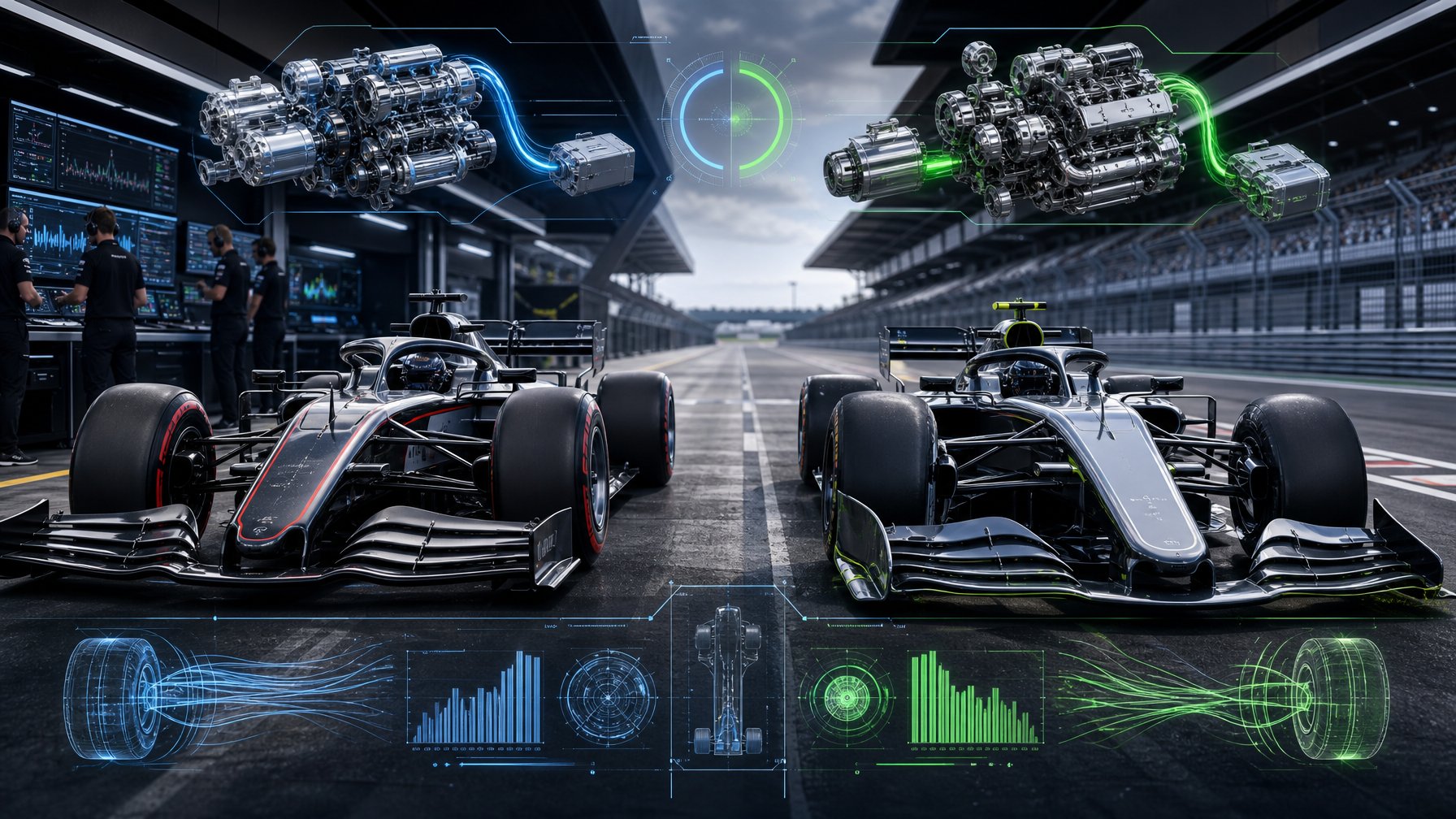 Dua mobil balap Formula 1 berdampingan di lintasan dengan insinyur di pit jalur yang sedang menganalisis data teknologi mesin dan efisiensi energi.