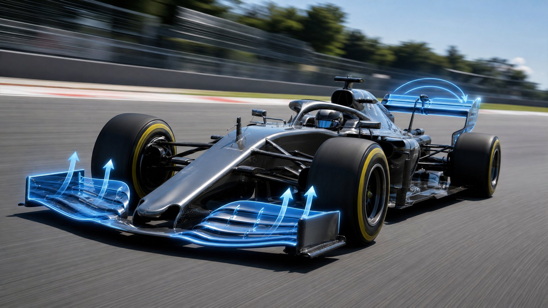 Mobil Formula 1 modern di lintasan balap dengan sayap depan dan belakang yang terlihat sedang menyesuaikan posisi secara otomatis.