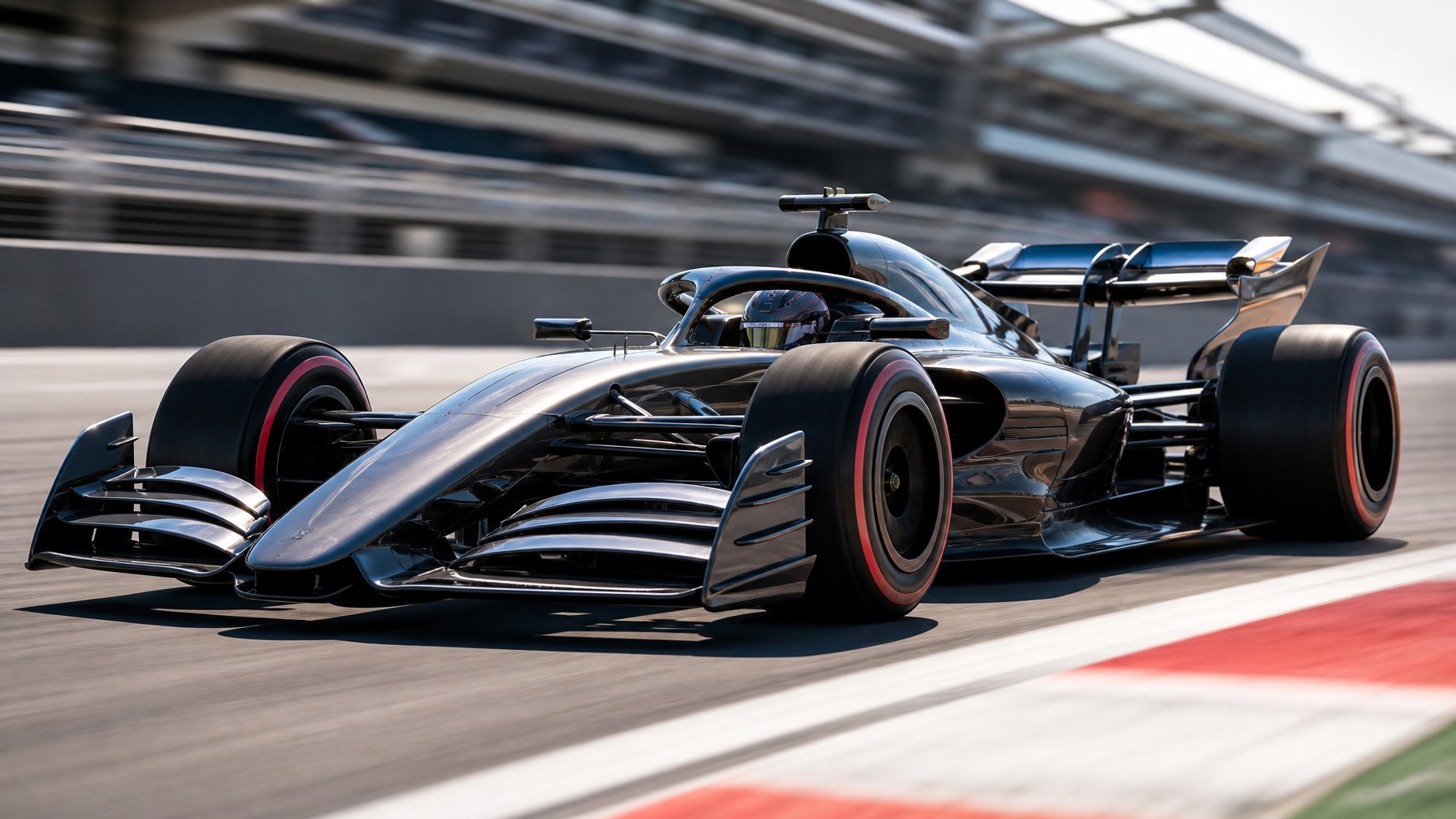 Mobil Formula 1 tahun 2026 sedang melaju di lintasan dengan sayap depan dan belakang yang posisinya disesuaikan secara otomatis.