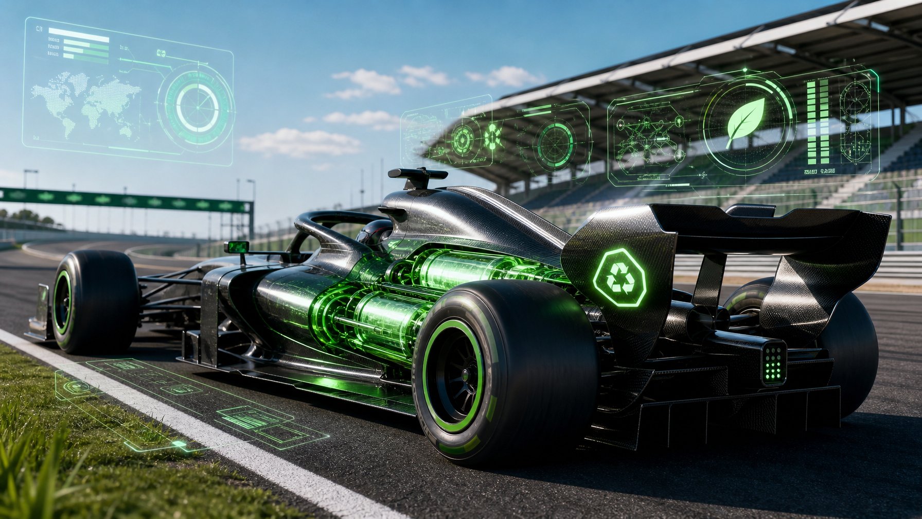 Mobil Formula 1 futuristik di lintasan balap dengan elemen bahan bakar ramah lingkungan dan tampilan data performa mesin.