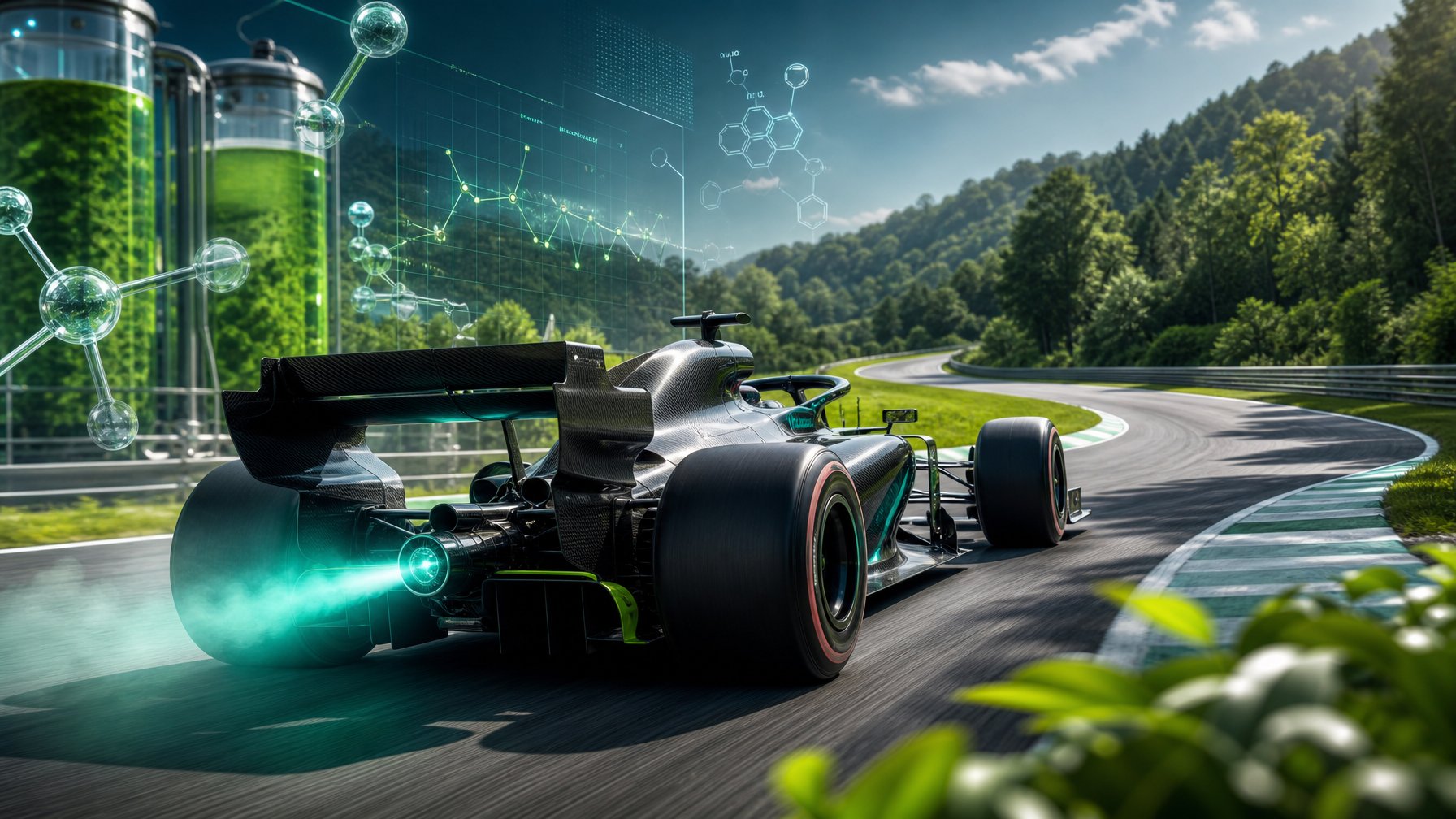 Mobil Formula 1 modern melaju di lintasan balap dengan latar belakang pemandangan hijau dan elemen teknologi bahan bakar ramah lingkungan.