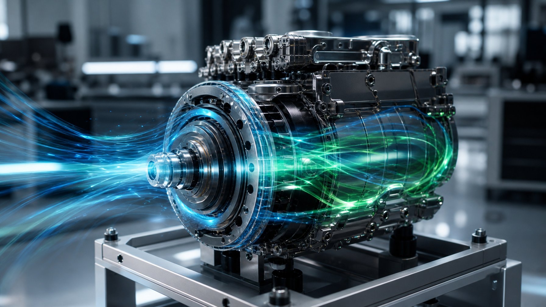 Gambar close-up komponen motor listrik MGU-K generasi baru F1 2026 dengan latar belakang bengkel modern.