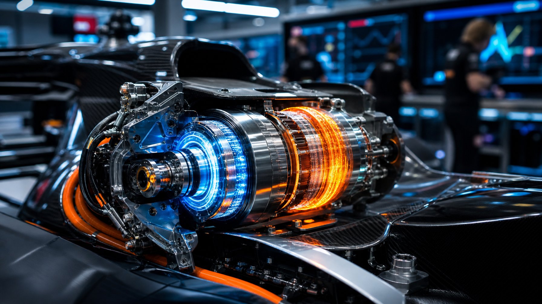 Close-up komponen mesin mobil Formula 1 dengan teknologi MGU-K generasi baru, menampilkan detail mekanis dan efek energi di garasi balap modern.