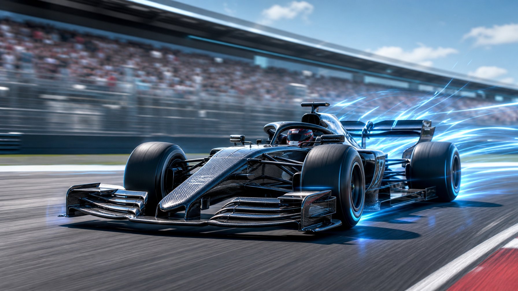 Mobil Formula 1 futuristik melaju di lintasan balap dengan elemen aerodinamika aktif dan efek cahaya yang menunjukkan mode dorongan, di latar belakang tribun penonton dan langit cerah.