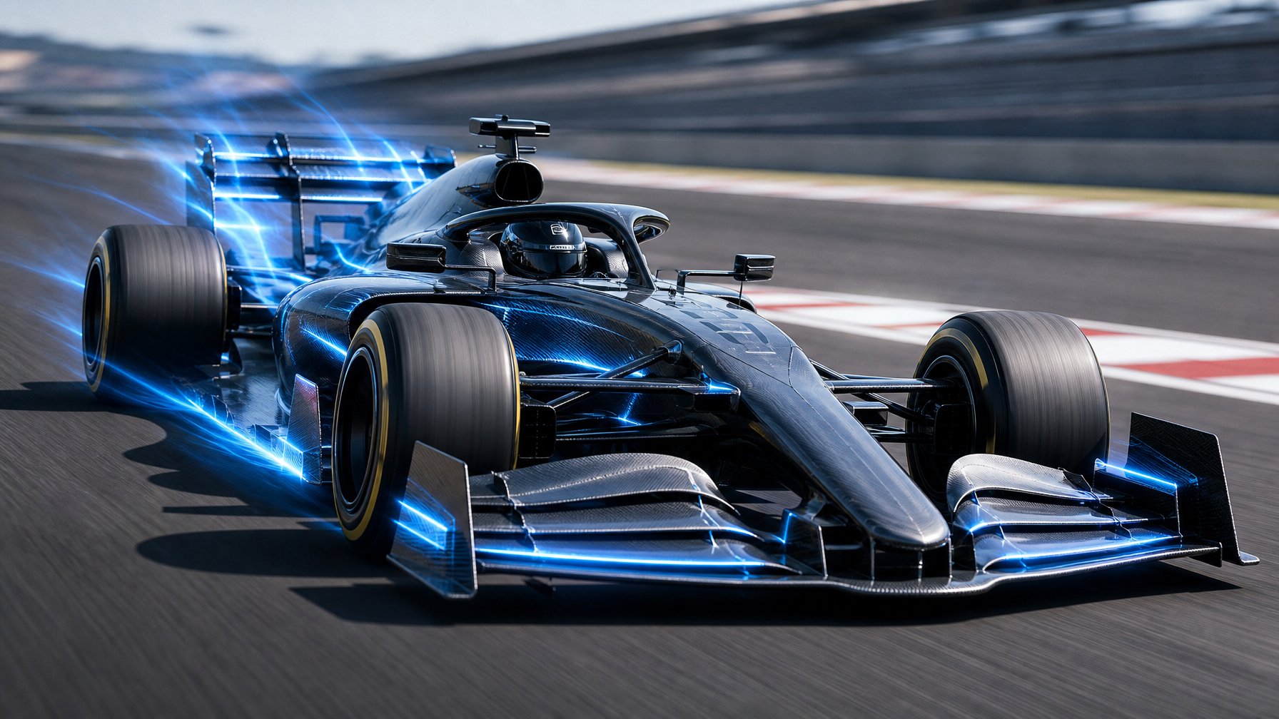 Mobil Formula 1 futuristik dengan elemen aerodinamika aktif sedang melaju di lintasan balap.