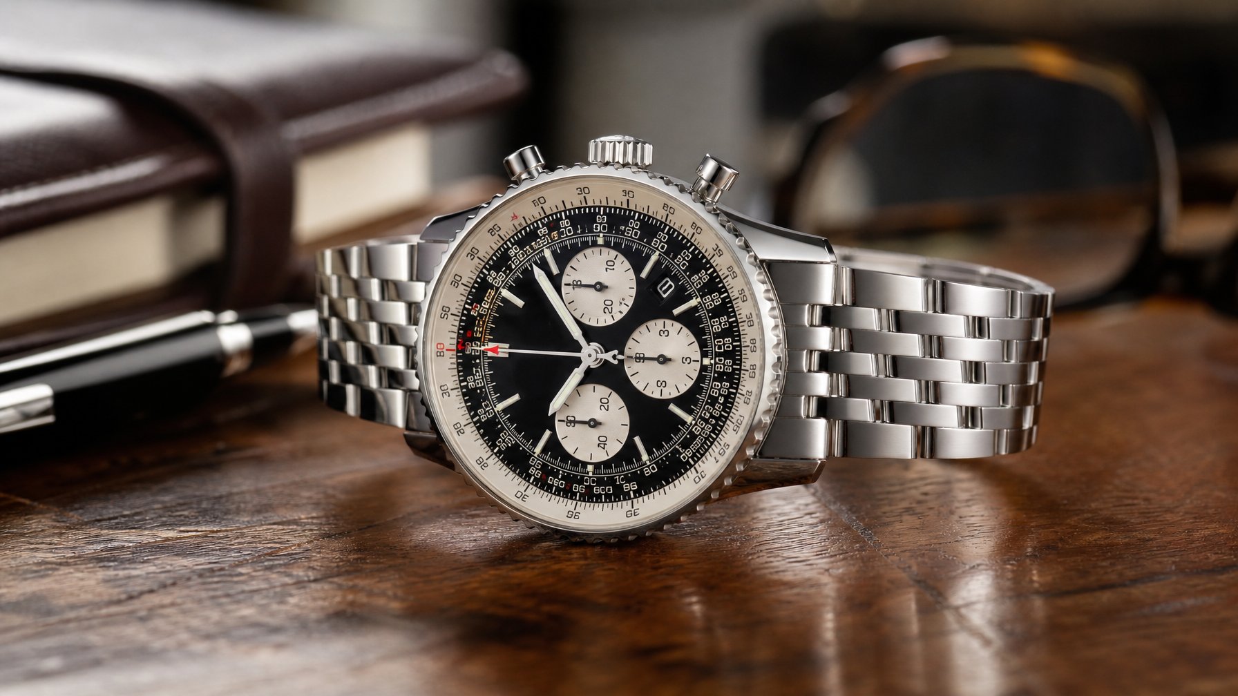 Jam tangan Breitling Navitimer diletakkan di atas permukaan kayu dengan latar belakang alat tulis dan kacamata, menampilkan detail dan keindahan jam tangan.