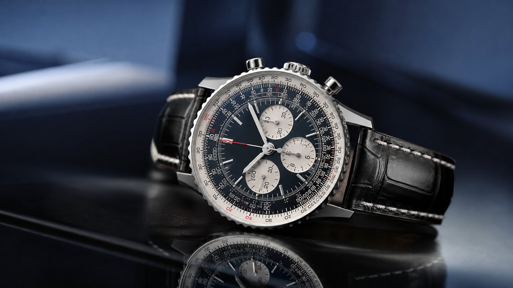 Jam tangan Breitling Navitimer dengan detail dial dan tali kulit, diletakkan di atas permukaan hitam mengkilap dengan latar belakang buram.