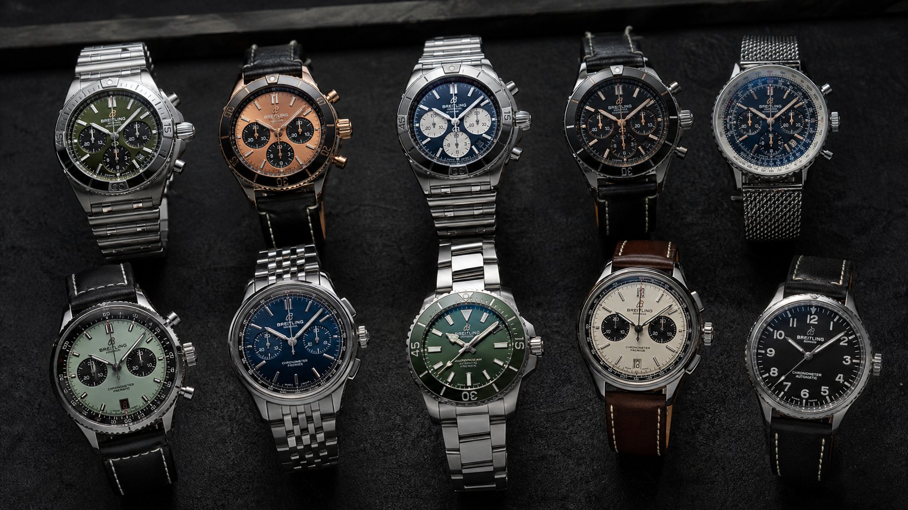 Sepuluh jam tangan Breitling mewah tersusun rapi di atas permukaan gelap dengan latar belakang sederhana.