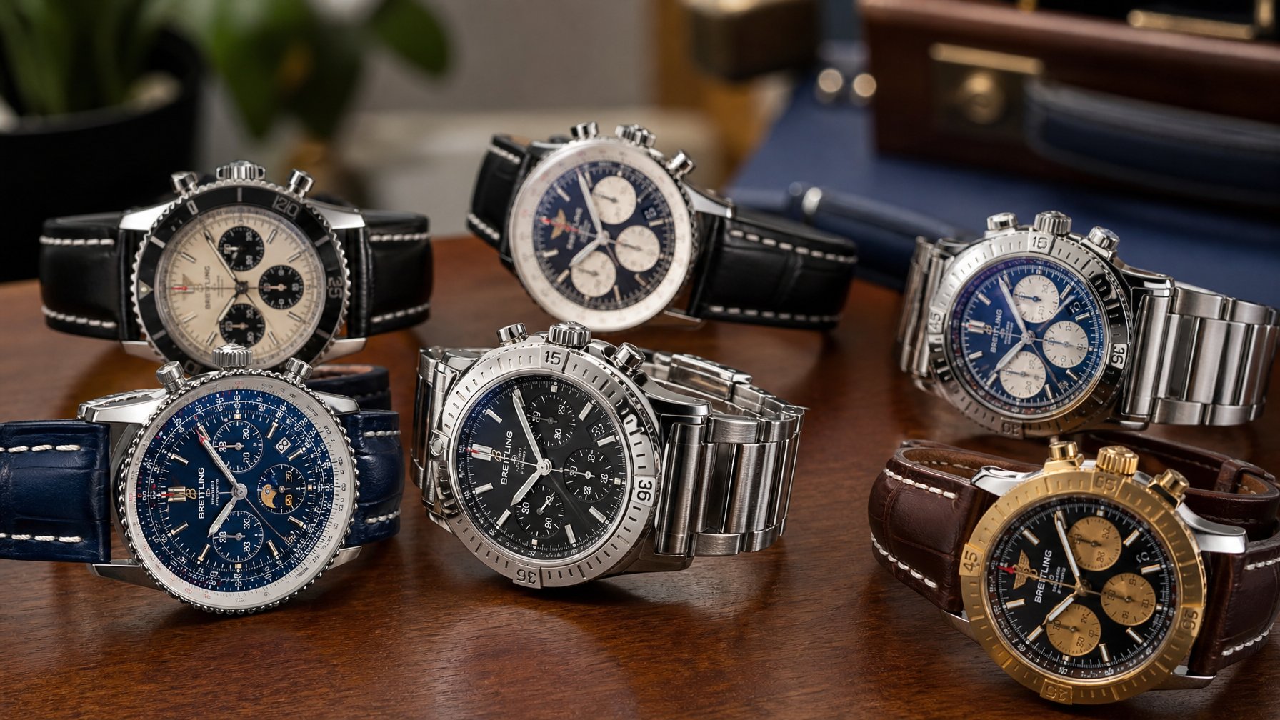 Sekelompok jam tangan Breitling mewah dengan berbagai model yang ditata rapi di atas permukaan kayu, menampilkan detail dan kualitas tinggi.