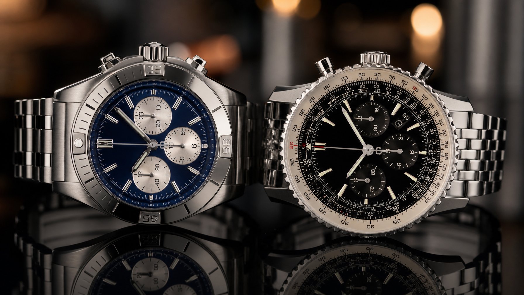 Dua jam tangan mewah Breitling Chronomat dan Navitimer berdampingan di atas permukaan hitam mengkilap.