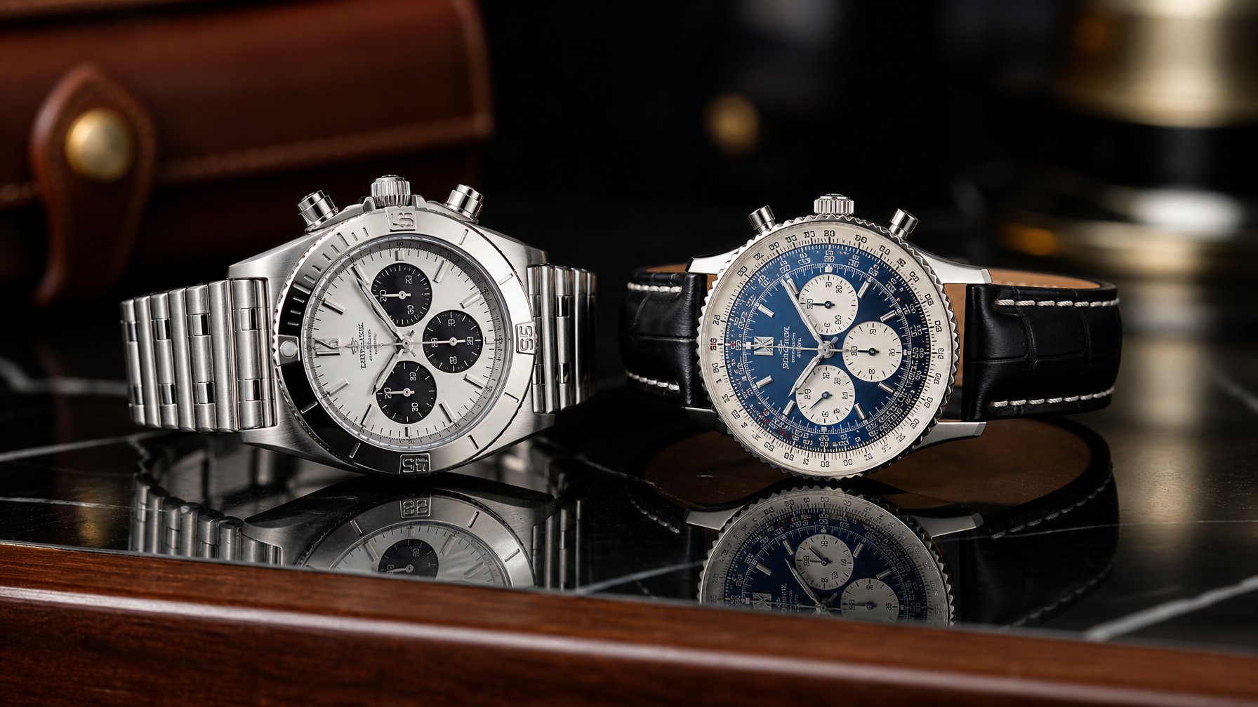 Dua jam tangan mewah Breitling Chronomat dan Navitimer 2026 yang diletakkan berdampingan di atas permukaan hitam reflektif dengan pencahayaan lembut.