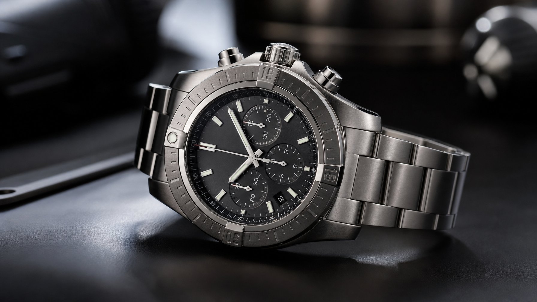 Jam tangan Breitling Avenger 2026 dengan desain modern dan detail yang jelas diletakkan di atas permukaan hitam.