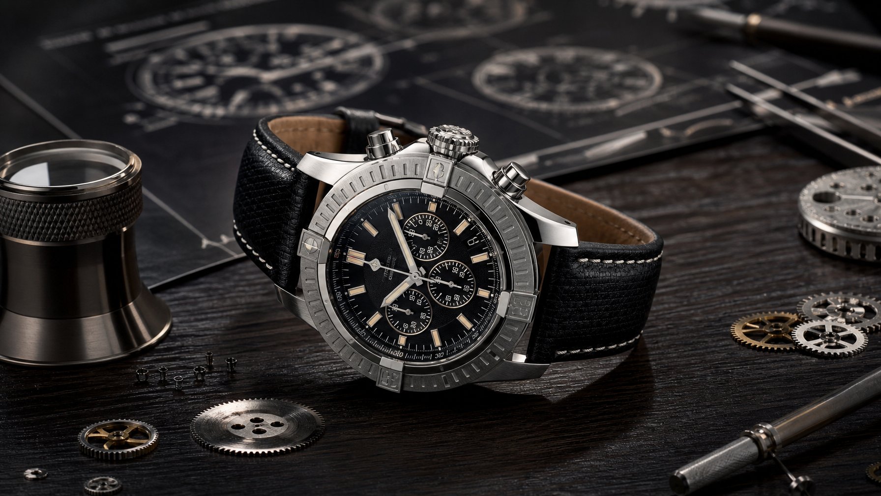 Jam tangan Breitling Avenger 2026 mewah dengan tali kulit hitam diletakkan di atas permukaan kayu gelap dengan alat-alat pembuat jam di sekitarnya.