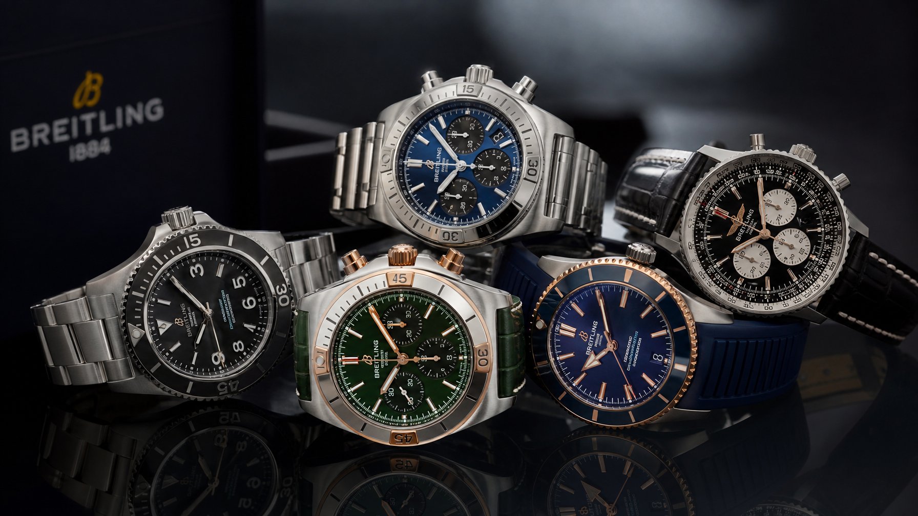 Beberapa jam tangan Breitling asli terbaru tahun 2026 dengan berbagai model ditampilkan di atas permukaan gelap yang mengkilap.