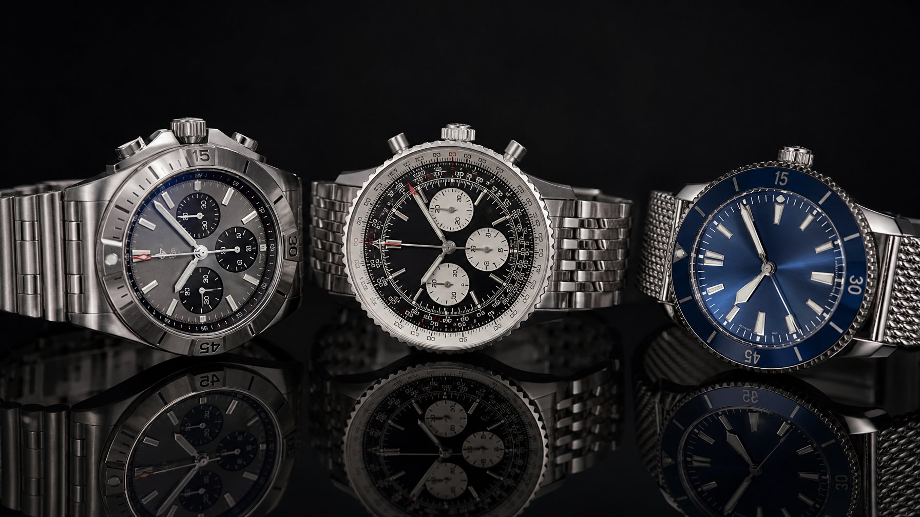 Tiga jam tangan mewah Breitling model Chronomat, Navitimer, dan Superocean diletakkan di atas permukaan hitam yang mengkilap.