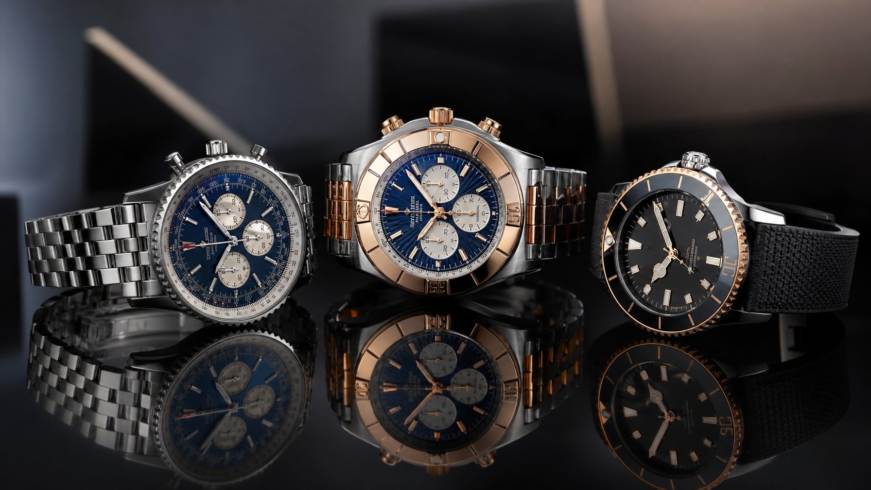 Tiga jam tangan mewah Breitling terbaru dipajang di atas permukaan hitam mengkilap dengan latar belakang sederhana.