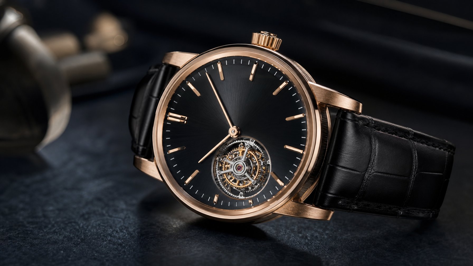 Foto jam tangan mewah Audemars Piguet Code 11.59 Flying Tourbillon dengan desain elegan dan detail rumit pada permukaan gelap.