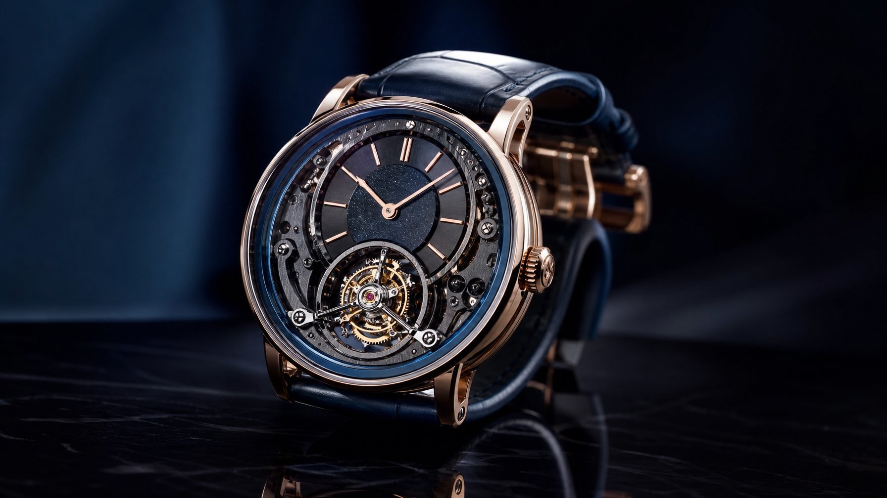 Gambar jam tangan mewah Audemars Piguet Code 11.59 Flying Tourbillon 2026 yang dipajang di atas permukaan gelap dengan pencahayaan fokus menyoroti detail mekanisme jam.