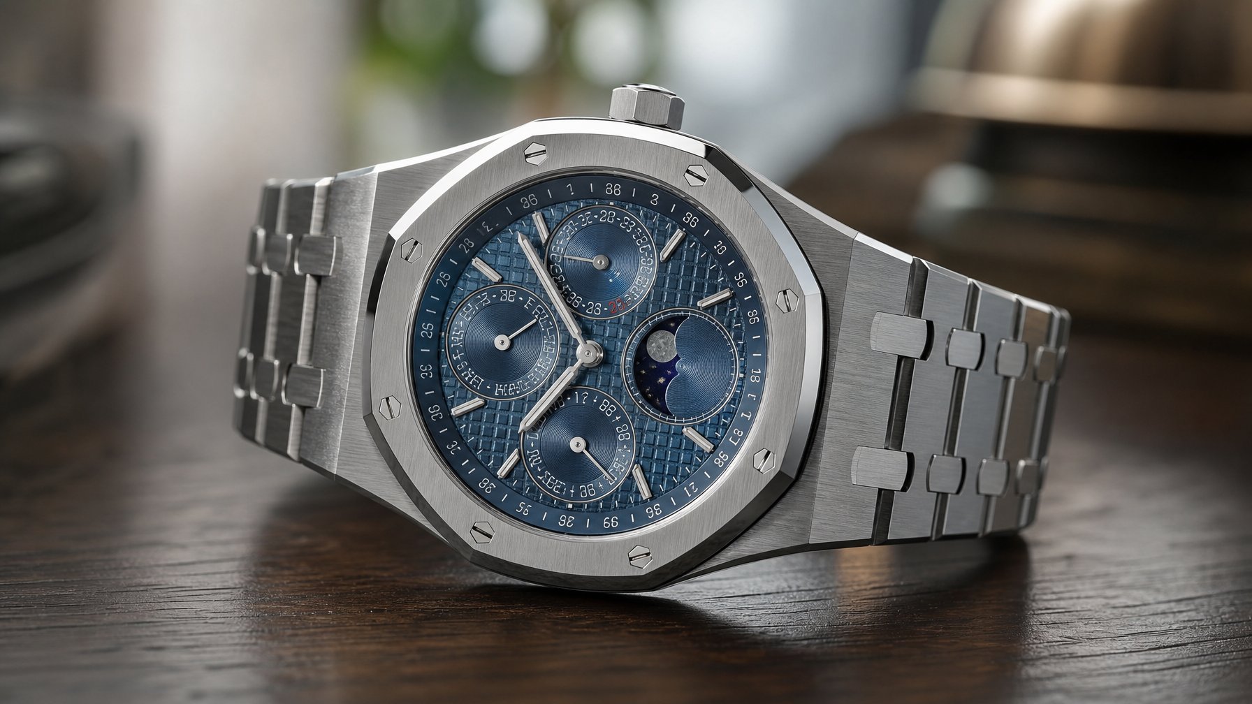 Jam tangan Audemars Piguet Royal Oak Perpetual Calendar model 2026 diletakkan di atas permukaan kayu gelap dengan pencahayaan lembut.