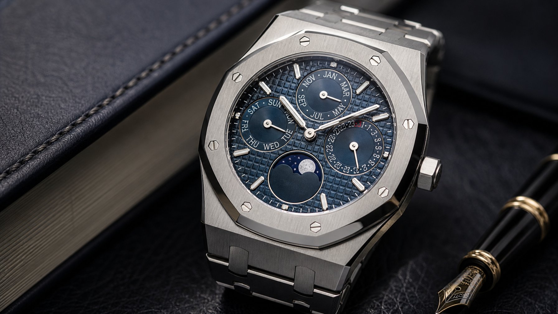 Foto close-up jam tangan Audemars Piguet Royal Oak Perpetual Calendar 2026 dengan latar belakang minimalis dan benda mewah di sekitarnya.