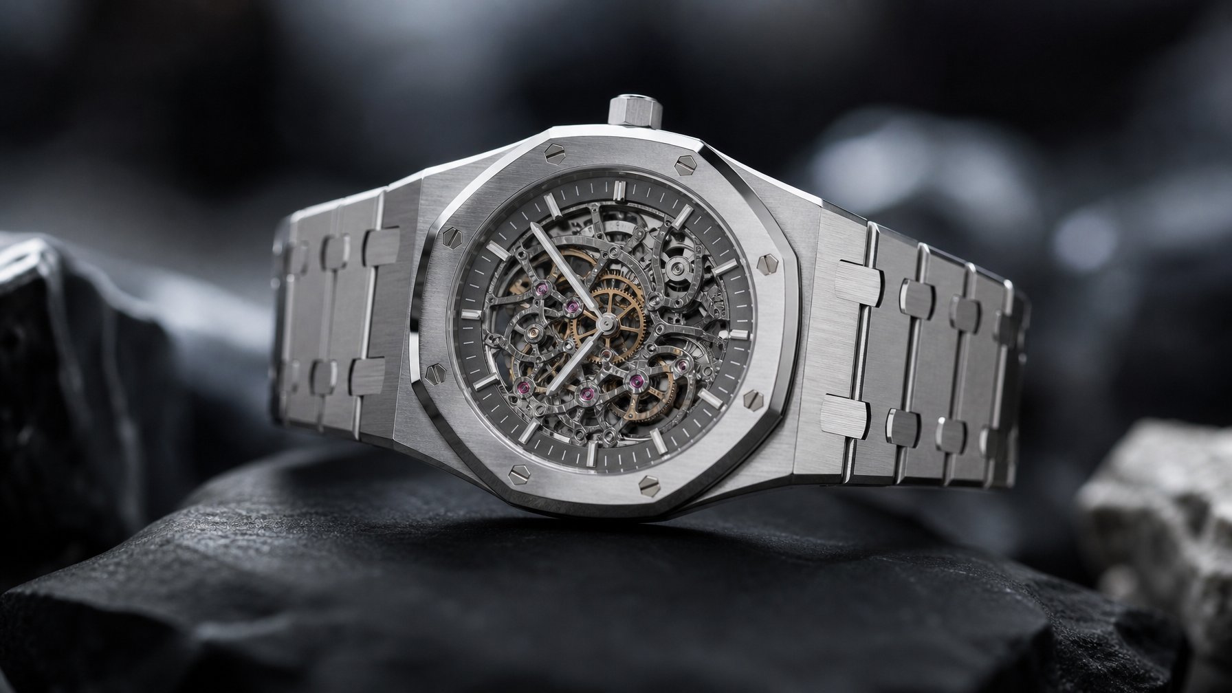 Foto close-up jam tangan mewah Audemars Piguet Royal Oak Jumbo Extra-Thin Openworked dengan mekanisme terbuka dan desain tipis, diletakkan di permukaan gelap.
