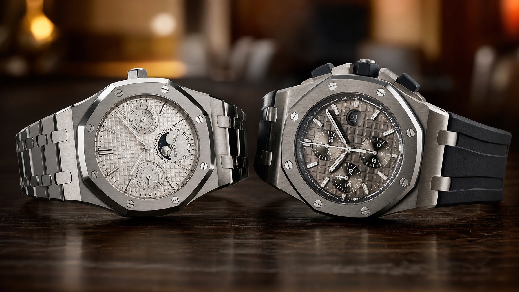Dua jam tangan mewah Audemars Piguet untuk pria, satu model Royal Oak dan satu model Offshore, diletakkan di atas permukaan kayu gelap dengan latar belakang buram.