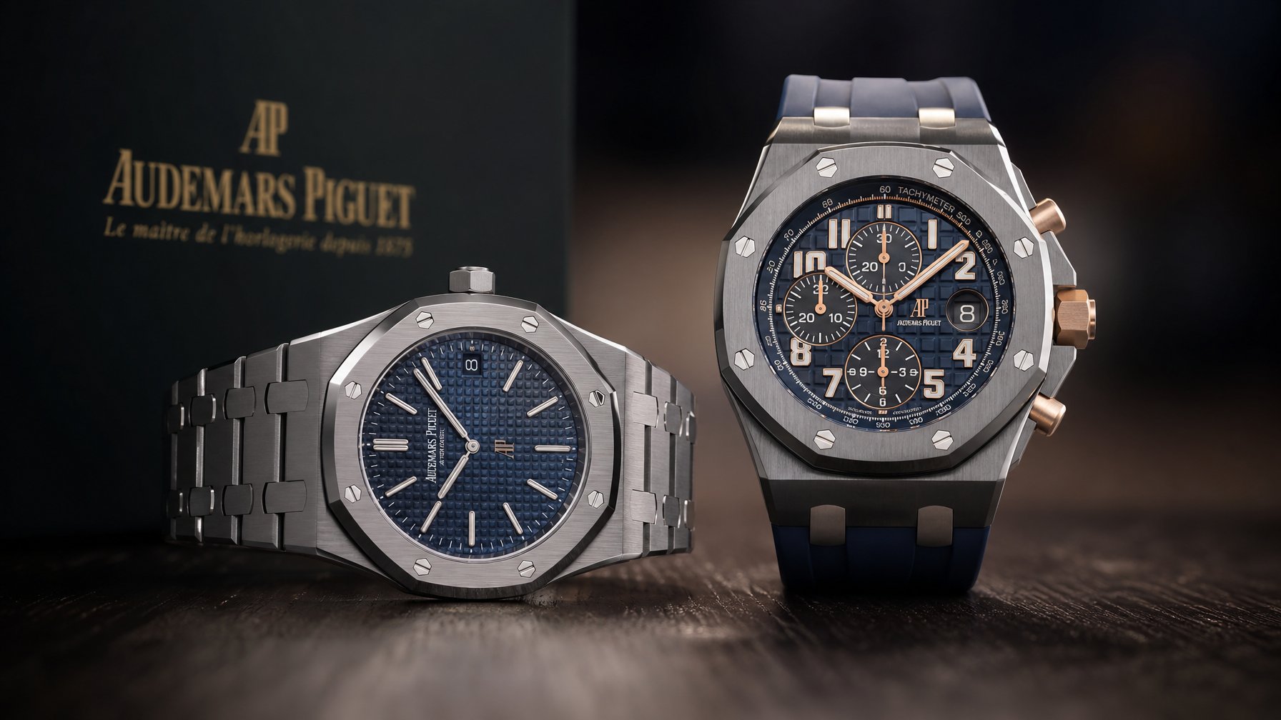 Dua jam tangan Audemars Piguet model Royal Oak dan Offshore terbaru terletak di atas permukaan kayu gelap dengan latar belakang buram.