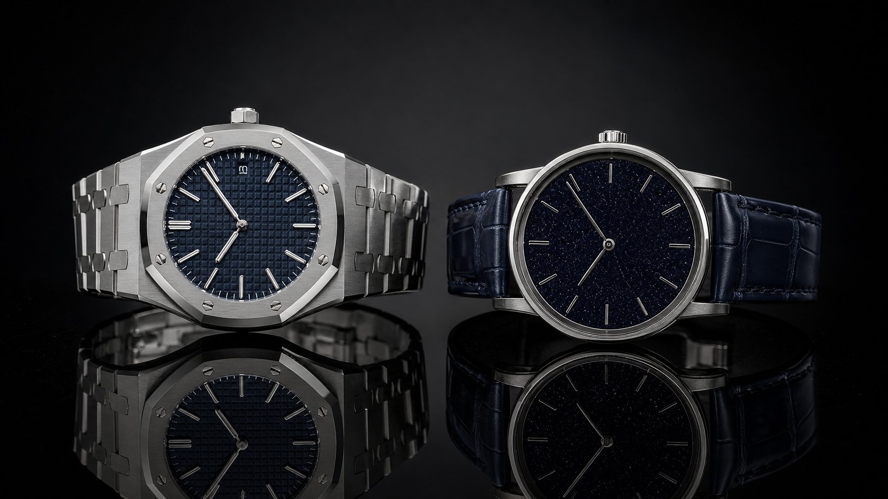 Dua jam tangan mewah Audemars Piguet Royal Oak dan Code 11.59 2026 dipajang berdampingan di atas permukaan hitam yang memantulkan cahaya.