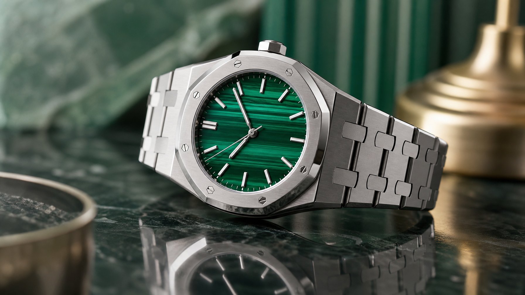Jam tangan mewah dengan dial hijau malakit dan casing baja tahan karat yang dipajang pada permukaan reflektif.