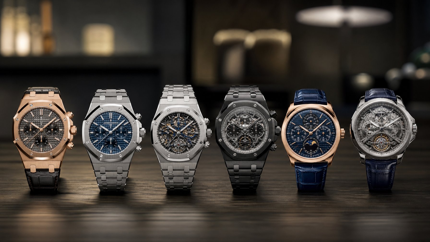 Beberapa jam tangan Audemars Piguet terbaru tahun 2026 yang ditata rapi di atas permukaan kayu gelap.