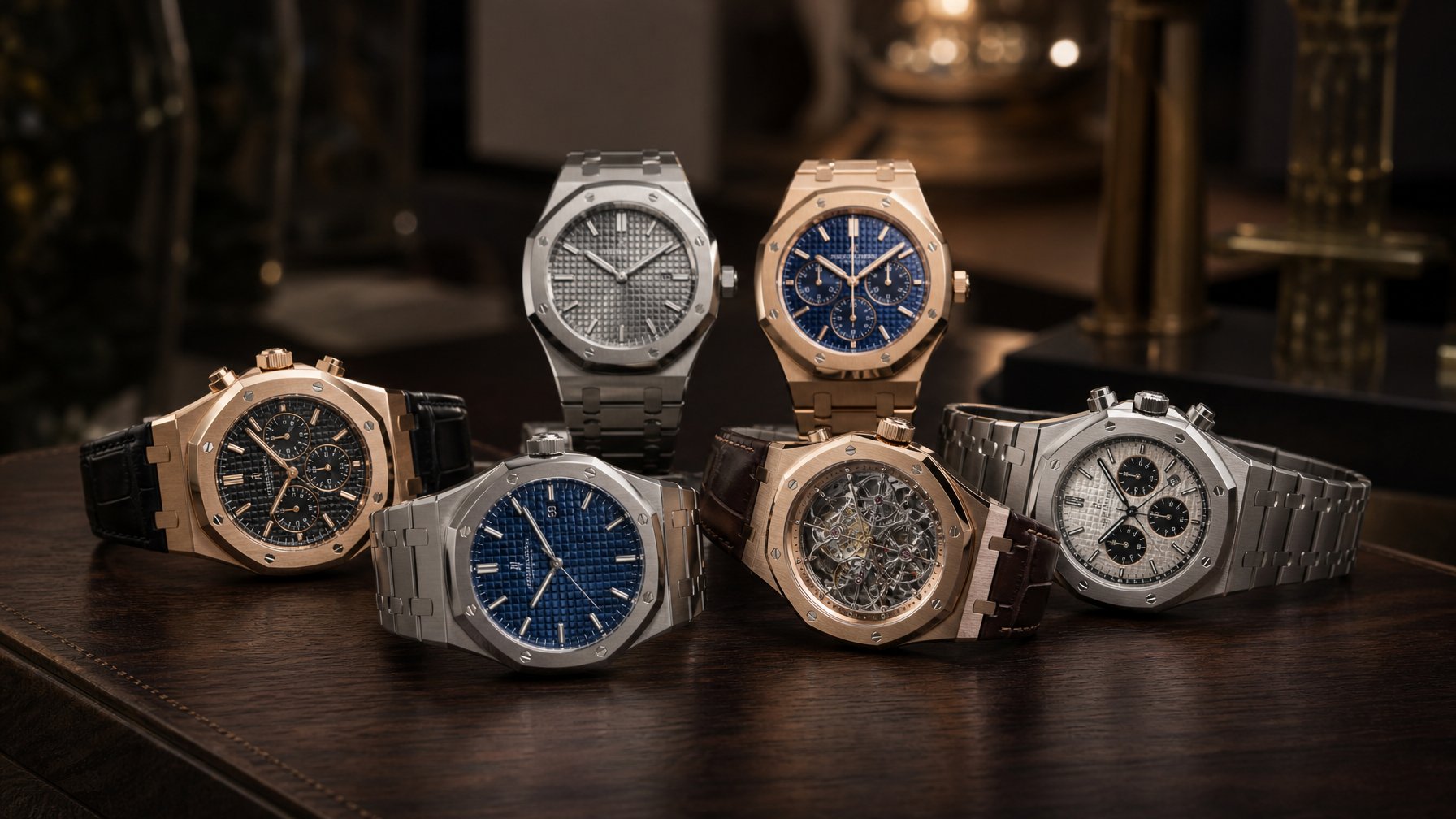Beberapa jam tangan mewah Audemars Piguet terbaru tahun 2026 yang ditata rapi di atas permukaan kayu gelap dengan pencahayaan lembut.