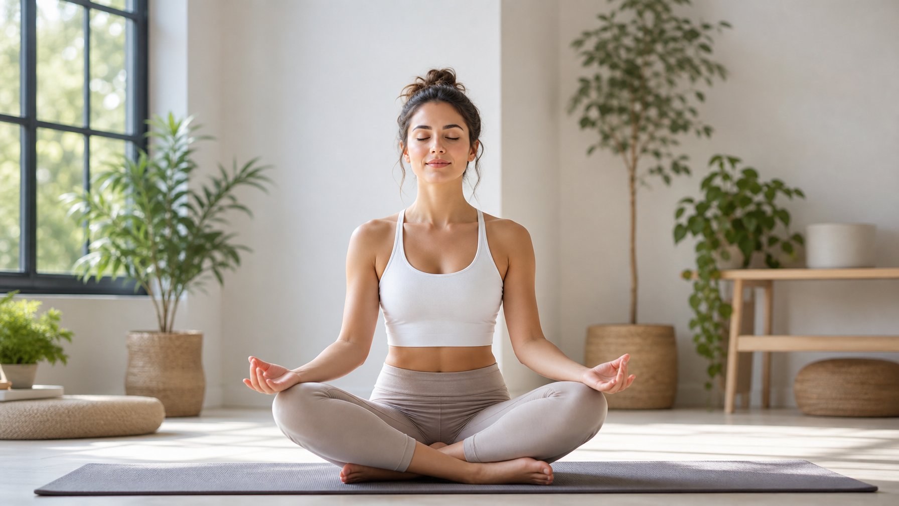 Seorang wanita muda duduk bersila di atas matras yoga di ruangan terang dengan tanaman di latar belakang, bermeditasi dengan mata tertutup dan ekspresi tenang.