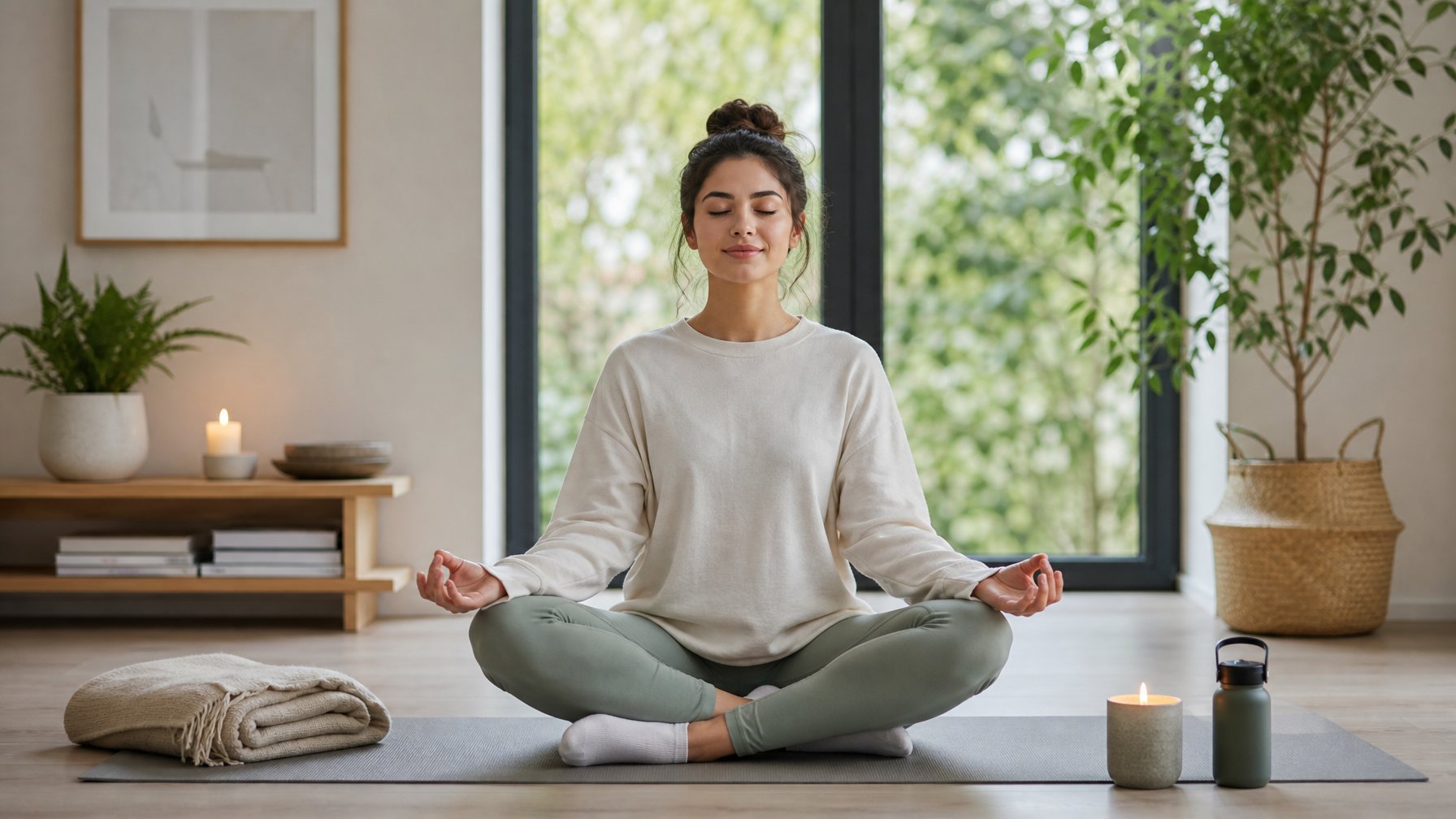 Seseorang duduk bersila di atas matras yoga di dalam ruangan terang dengan jendela besar, melakukan meditasi dengan mata tertutup dan tangan rileks di lutut.