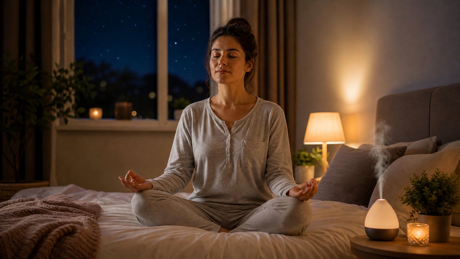 Seseorang duduk bersila di tempat tidur di kamar yang tenang pada malam hari, bermeditasi dengan mata tertutup untuk mengatasi insomnia dan stres.